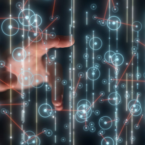 Businessman pressing document icon over computer binary code